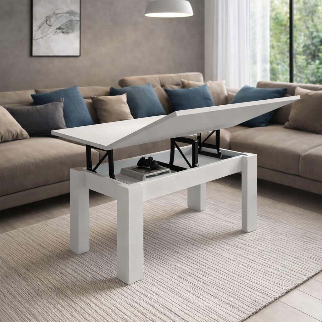 Mesa centro rectangular elevable convertible pata L