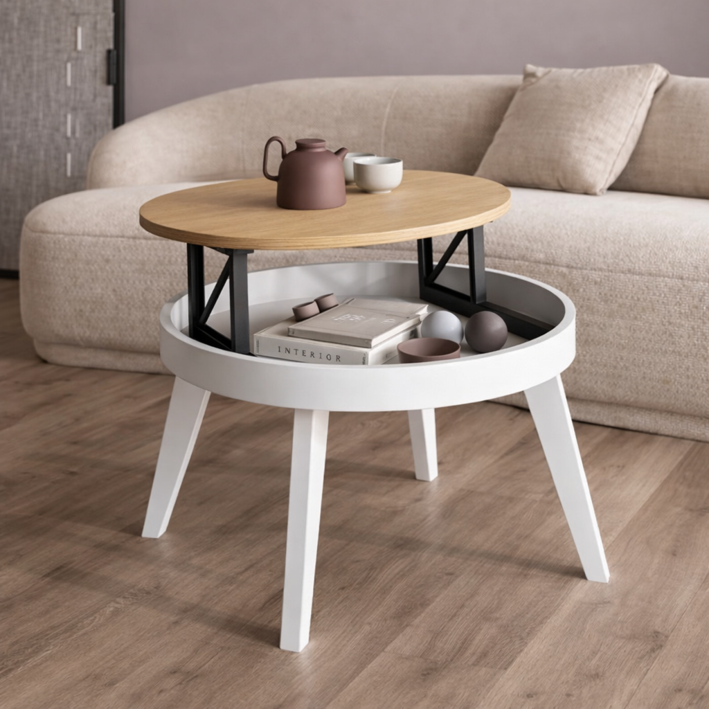 Mesa de centro redonda elevable patas inclinadas
