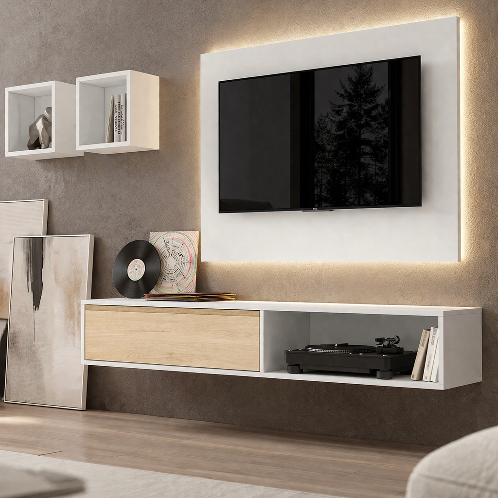 Mueble TV suspendido moderno con panel y LED